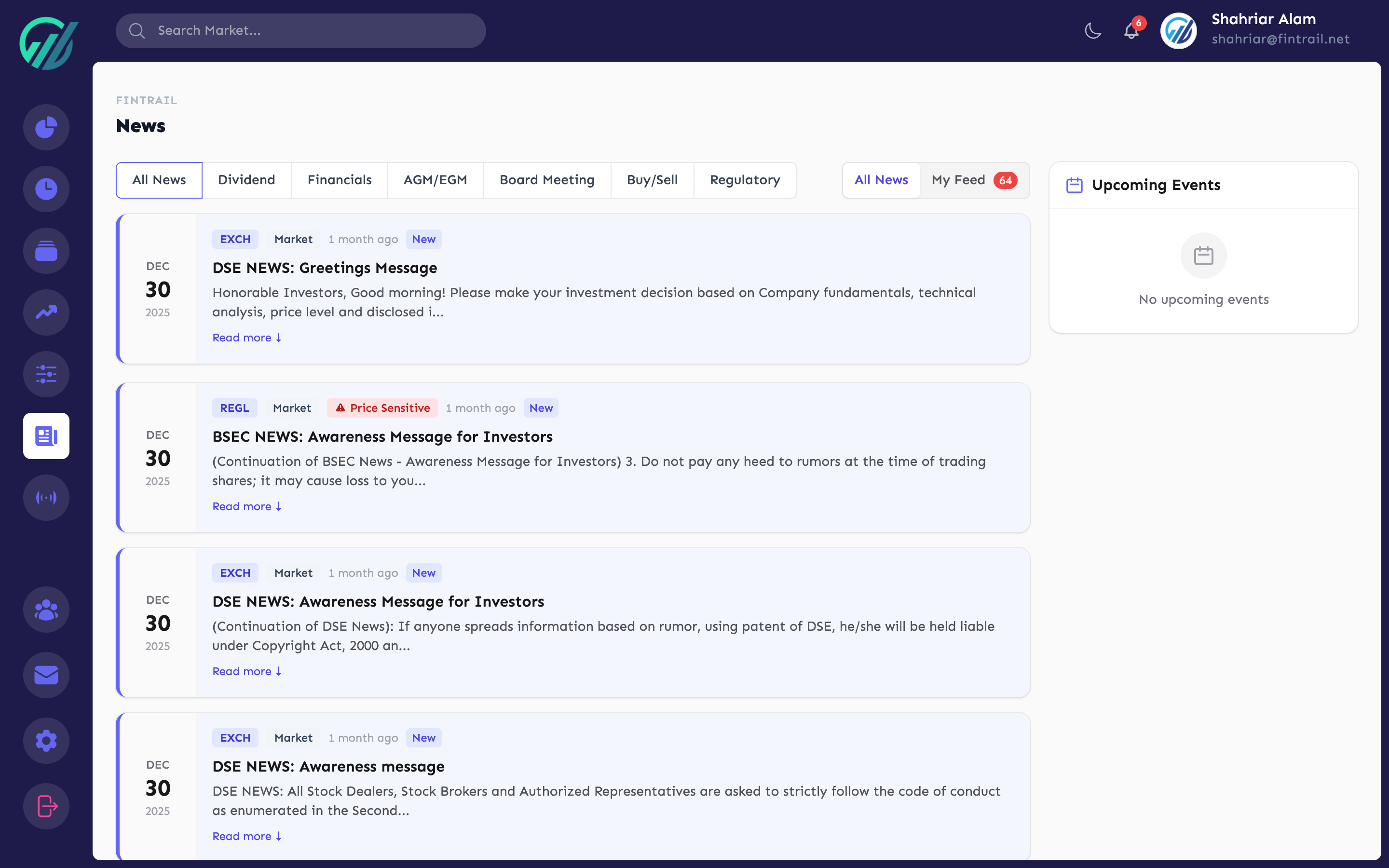 News feed with category filters and sidebar events