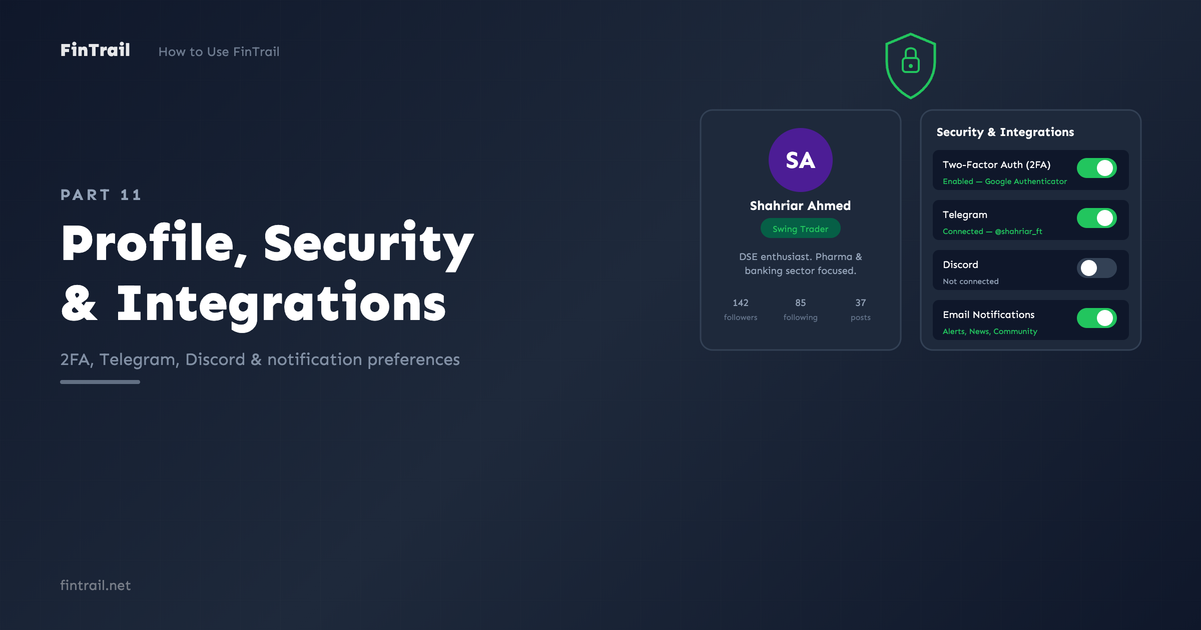 FinTrail profile settings page showing account details, two-factor authentication, and notification preferences