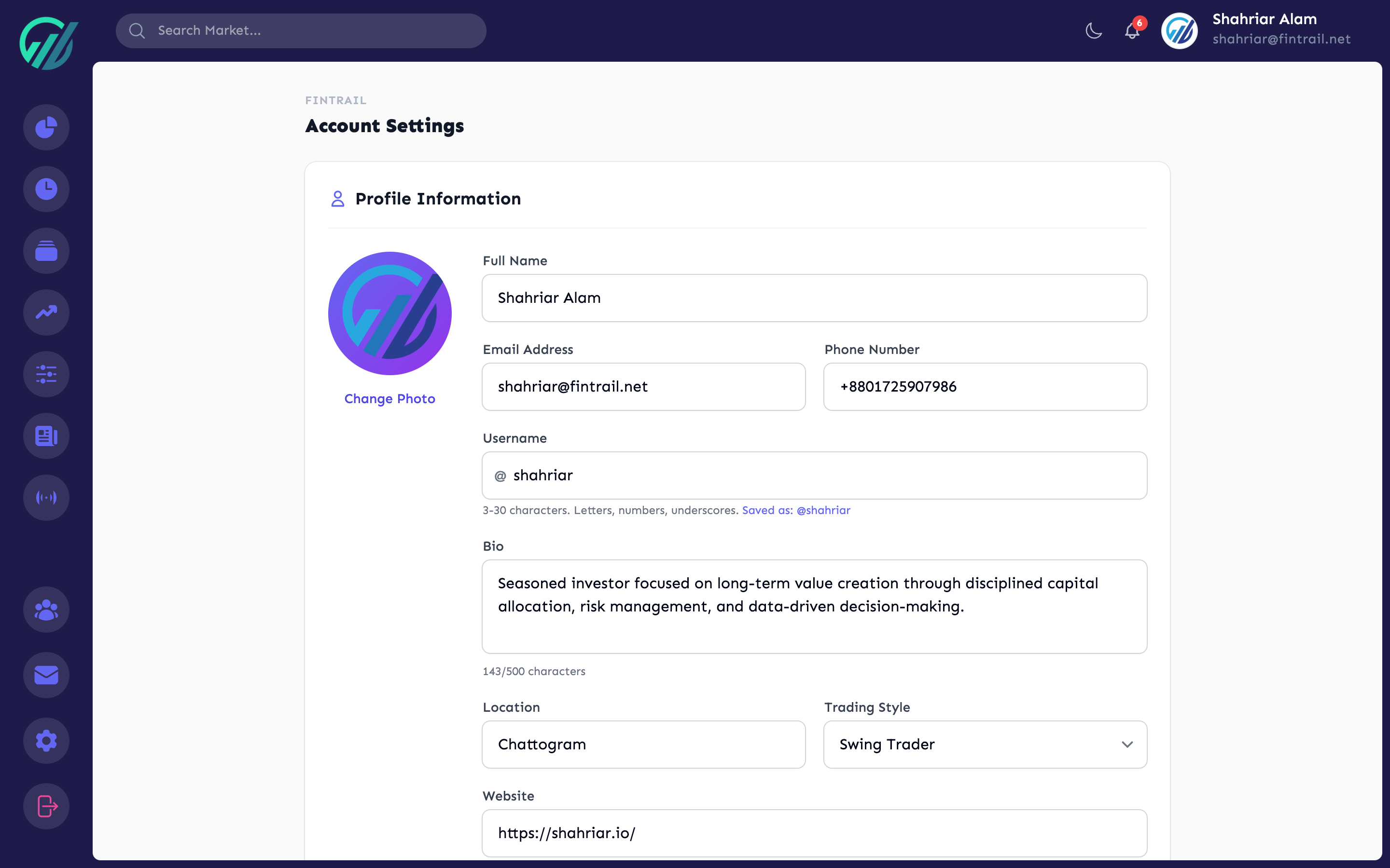 Profile settings page with account and notification options