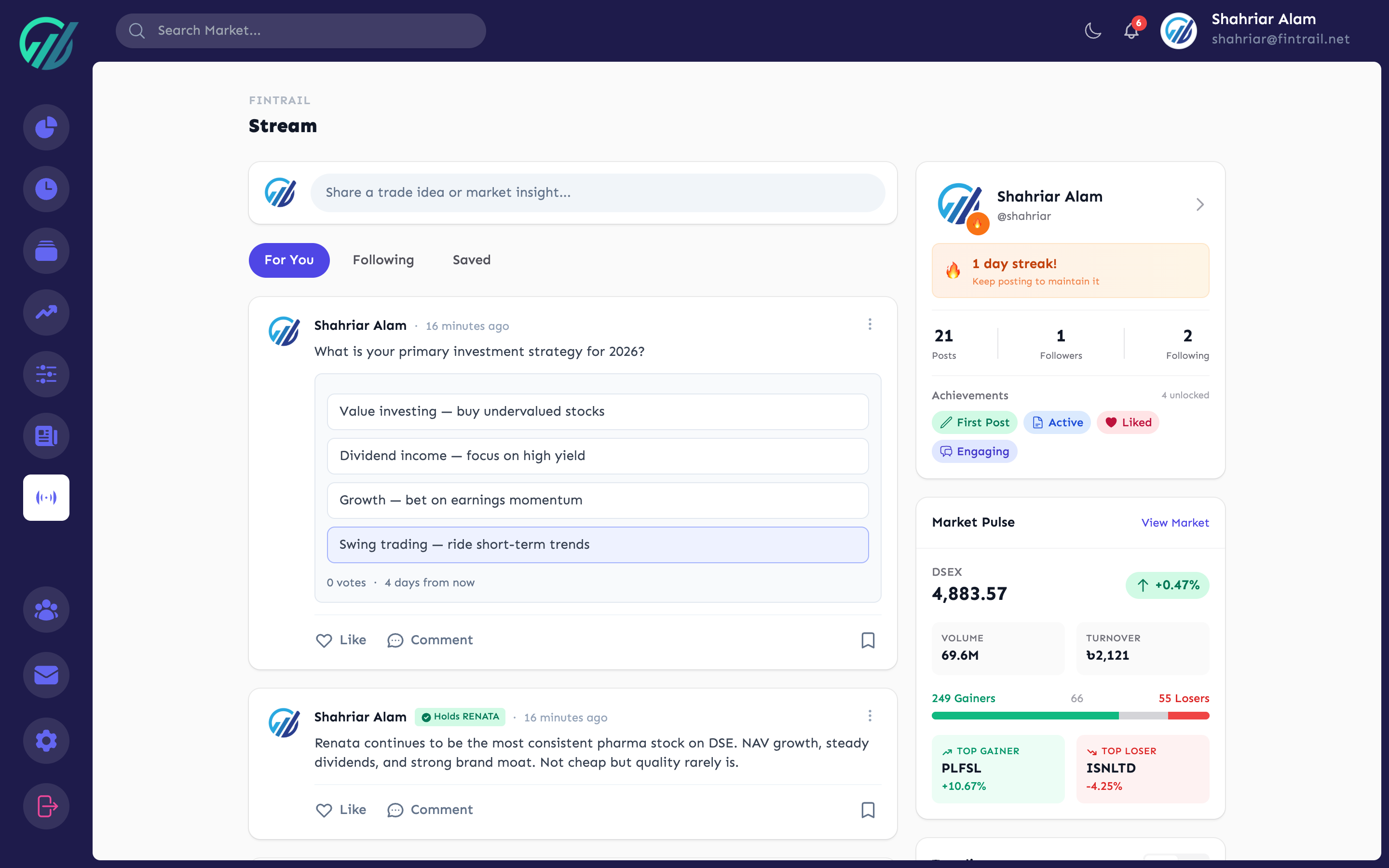 Community stream feed with posts and interactions