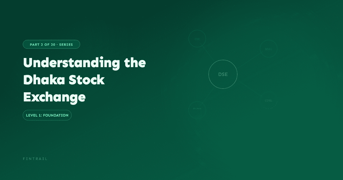 Network diagram showing the structure of the Dhaka Stock Exchange ecosystem including BSEC, CDBL, and brokers